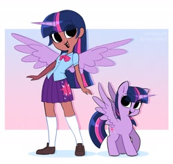 Size: 1938x1827 | Tagged: safe, artist:syrupyyy, twilight sparkle, alicorn, human, pony, g4, alicorn humanization, bowtie, clothes, cute, dark skin, equestria girls outfit, female, flats, horn, horned humanization, human ponidox, humanized, mare, open mouth, open smile, self paradox, self ponidox, shirt, shoes, skirt, smiling, socks, solo, twiabetes, twilight sparkle (alicorn), winged humanization, ych example, your character here