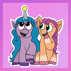 Size: 1080x1080 | Tagged: safe, artist:artyanimated, izzy moonbow, sunny starscout, earth pony, pony, unicorn, g5, my little pony: a new generation, ball, doodle, duo, duo female, female, horn, hornball, izzy's tennis ball, looking up, mare, open mouth, open smile, simple background, sitting, smiling, tennis ball