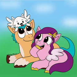 Size: 1080x1080 | Tagged: safe, artist:artyanimated, cloudpuff, hitch trailblazer, pipp petals, earth pony, pegasus, pony, g5, my little pony: a new generation, adorapipp, critter magnet, cute, doodle, female, male, mare, ship:pitch, shipping, sitting on head, stallion, straight