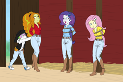 Size: 7026x4668 | Tagged: safe, artist:carnifex, adagio dazzle, fluttershy, rarity, spike, equestria girls, :t, arm behind back, barn, belt, bondage, boots, clothes, cowboy boots, cowgirl, cowgirl outfit, female, high heel boots, jeans, male, open mouth, open smile, pants, pole tied, shoes, smiling, tied up, unsexy bondage, western