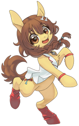 Size: 1280x2046 | Tagged: safe, artist:lockhe4rt, earth pony, pony, brown eyes, chest fluff, clothes, female, hololive, jewelry, korone inugami, looking at you, mare, necklace, open clothes, open mouth, ponified, simple background, socks, solo, transparent background, vtuber