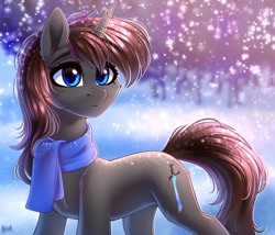 Size: 3000x2571 | Tagged: safe, artist:hakaina, oc, oc only, oc:twistae, pony, unicorn, clothes, female, forest, high res, rule 63, scarf, snow, snowfall, solo, winter