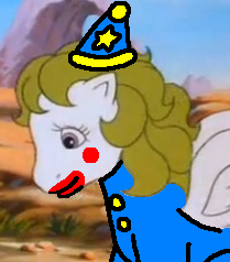 Size: 209x238 | Tagged: safe, edit, edited screencap, screencap, surprise, pegasus, pony, g1, my little pony 'n friends, the end of flutter valley, 1000 hours in ms paint, adoraprise, clothes, clown, clownprise, costume, cute, female, hat, lips, mare, party hat, picture for breezies, red lips, sitting, smiling, solo, surprise being surprise