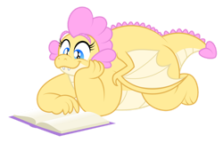 Size: 1600x1032 | Tagged: safe, artist:aleximusprime, oc, oc only, oc:buttercream the dragon, dragon, flurry heart's story, book, cute, dragon oc, dragoness, fat, female, lying down, reading, simple background, solo, transparent background