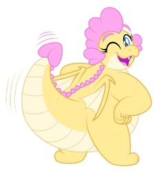 Size: 1280x1386 | Tagged: safe, artist:aleximusprime, oc, oc only, oc:buttercream the dragon, dragon, cute, dancing, dragon oc, fat, female, hand on hip, looking at you, looking back, looking back at you, one eye closed, open mouth, open smile, simple background, smiling, solo, tail, tail wag, transparent background, wink, winking at you
