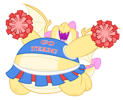 Size: 1600x1293 | Tagged: safe, artist:aleximusprime, oc, oc only, oc:buttercream the dragon, dragon, cheerleader, cheerleader outfit, cheerleading, clothes, cute, dragon oc, dragoness, fat, female, halter top, miniskirt, pom pom, simple background, skirt, sliding, solo, transparent background