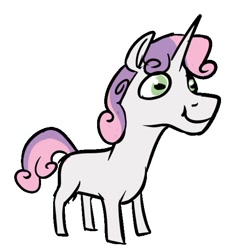 Size: 571x597 | Tagged: safe, artist:heretichesh, sweetie belle, pony, unicorn, g4, blank flank, female, filly, hoers, rectangular pupil, simple background, smiling, solo, white background