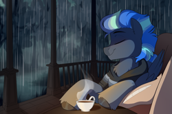 Size: 4450x2950 | Tagged: safe, artist:crimmharmony, oc, oc only, pegasus, pony, chest fluff, chin fluff, clothes, cup, ear fluff, eyebrows, eyes closed, folded wings, food, forest, grass, male, pegasus oc, pillow, porch, rain, sitting, smiling, solo, stallion, steam, sweater, tea, teacup, tree, unshorn fetlocks, wings