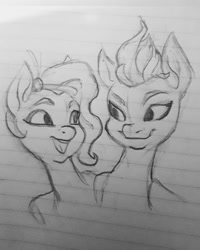 Size: 1080x1350 | Tagged: safe, artist:loud_cat_makes_noises, pipp petals, zipp storm, pegasus, pony, g5, my little pony: a new generation, bust, duo, duo female, eyebrows, female, irl, lined paper, looking at each other, looking at someone, mare, open mouth, photo, siblings, sisters, sketch, smiling, traditional art