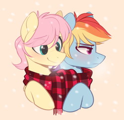 Size: 930x900 | Tagged: safe, artist:higgly-chan, fluttershy, rainbow dash, pegasus, pony, adorascotch, alternate hairstyle, blushing, bust, butterblitz, butterscotch, christmas, clothes, cream background, cute, dashabetes, duo, duo male, eye clipping through hair, eyebrows, eyebrows visible through hair, flutterdash, frown, gay, holiday, male, rainbow blitz, rule 63, scarf, shared clothing, shared scarf, shipping, shyabetes, simple background, smiling, snow, stallion