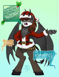 Size: 3000x3935 | Tagged: safe, artist:flutterbree, oc, oc only, oc:debby, satyr, anthro, bat wings, christmas, claws, clothes, costume, devil tail, dragon wings, hat, high res, holiday, holly, horns, krampus, red eyes, santa costume, santa hat, solo, strange waifus, strangefu, tail, unshorn fetlocks, wings