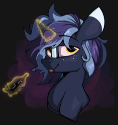 Size: 1209x1278 | Tagged: safe, artist:luxsimx, oc, oc only, oc:witching hour, pony, unicorn, bust, freckles, looking at you, magic, magic aura, solo, telekinesis, tongue out