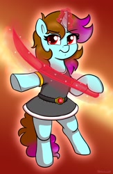Size: 1278x1955 | Tagged: safe, artist:heretichesh, oc, oc only, oc:comet solstice, pony, unicorn, abstract background, bipedal, clothes, dress, female, frown, glowing, glowing horn, hoof hold, horn, looking at you, magic construct, mare, solo, sword, underhoof, weapon