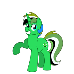 Size: 1200x1200 | Tagged: safe, artist:small-brooke1998, oc, oc only, oc:emerald star, pony, unicorn, 2022 community collab, derpibooru community collaboration, horn, male, multicolored mane, multicolored tail, raised hoof, simple background, smiling, solo, stallion, standing, tail, transparent background, unicorn oc