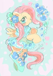 Size: 1440x2048 | Tagged: safe, artist:osawari64, fluttershy, pegasus, pony, g4, blushing, clothes, dress, female, flower, looking at you, mare, smiling, solo, spread wings, wings