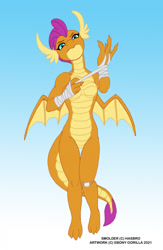 Size: 836x1280 | Tagged: safe, artist:ebonyleopard, smolder, dragon, anthro, g4, bandaid, barbie doll anatomy, breasts, dragoness, featureless breasts, female, gradient background, hand wraps, lizard breasts, small breasts, this is going to hurt