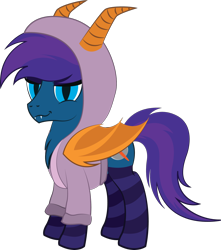 Size: 1564x1773 | Tagged: safe, artist:tikibat, derpibooru exclusive, oc, oc only, oc:stardust, oc:stardust(cosmiceclipse), bat pony, pony, 2022 community collab, derpibooru community collaboration, bat pony oc, bat wings, clothes, ear fluff, epcot, epcot center, eyeshadow, fangs, figment, figment (epcot), hoodie, makeup, male, membranous wings, simple background, slit pupils, socks, solo, stallion, stockings, striped socks, thigh highs, transparent background, wings