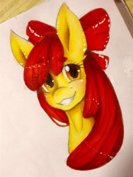 Size: 3120x4160 | Tagged: safe, artist:kitsu-chan11, apple bloom, earth pony, pony, g4, bust, female, filly, grin, portrait, smiling, solo, traditional art