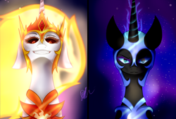Size: 1500x1021 | Tagged: safe, artist:psycho-analytiker, daybreaker, nightmare moon, alicorn, pony, g4, blue eyes, blue mane, digital art, ethereal mane, evil smile, eyelashes, fangs, female, flowing mane, gem, glowing, glowing horn, grin, horn, looking at you, magic, mane of fire, purple background, red eyes, signature, simple background, smiling, starry mane, teeth