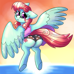 Size: 2500x2500 | Tagged: safe, artist:northernlightsone, posey shy, windy whistles, oc, oc:gentle breeze, pegasus, pony, g4, butt, clothes, commission, commissioner:bigonionbean, cutie mark, female, flank, flying, fusion, fusion:gentle breeze, glasses, heart eyes, high res, looking back, mare, ocean, one-piece swimsuit, plot, swimsuit, underhoof, water, wingding eyes, writer:bigonionbean