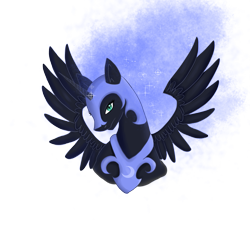 Size: 2001x1800 | Tagged: safe, artist:moonfini, nightmare moon, alicorn, pony, g4, blue mane, bust, ethereal mane, feather, female, flowing mane, green eyes, helmet, horn, looking at you, simple background, solo, sparkles, spread wings, starry mane, stars, transparent background, wings