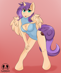 Size: 3445x4134 | Tagged: safe, artist:panda-man90, oc, oc only, oc:sweet scooter, hybrid, pegasus, unicorn, anthro, unguligrade anthro, :p, anthro oc, breasts, clothes, commission, commissioner:bigonionbean, cutie mark, eyebrows, eyebrows visible through hair, female, fusion, fusion:scootaloo, fusion:sweetie belle, gradient background, high res, horn, large butt, leaning forward, looking at you, looking into your soul, mare, mixed breed, not an alicorn, one-piece swimsuit, pegacorn, pointing, pointing at you, pose, reaching, smiling, smiling at you, solo, swimsuit, tail, teasing, tongue out, wings, writer:bigonionbean