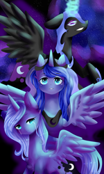 Size: 1800x3000 | Tagged: safe, artist:cloudy-risicpaint, nightmare moon, princess luna, alicorn, pony, g4, black background, blue eyes, blue mane, blue tail, colored pupils, crying, ethereal mane, feather, female, filly, flowing tail, glowing, glowing horn, grin, horn, lidded eyes, looking at you, looking down, mare, sad, signature, simple background, smiling, solo, spread wings, starry mane, tail, teary eyes, teeth, wingding eyes, wings, woona, younger