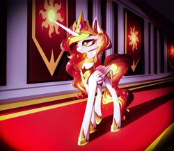 Size: 11868x10303 | Tagged: safe, artist:stahlkat, daybreaker, princess celestia, alicorn, pony, g4, absurd file size, absurd resolution, canterlot, carpet, corridor, crown, ear fluff, feather, female, folded wings, gem, glowing, hoof shoes, horn, jewelry, mane of fire, mare, red eyes, red mane, regalia, smiling, solo, sun, sunlight, sunrise, wingding eyes, wings