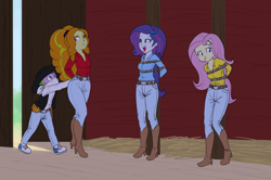 Size: 7026x4668 | Tagged: safe, alternate version, artist:carnifex, adagio dazzle, fluttershy, rarity, spike, equestria girls, g4, :t, arm behind back, barn, belt, bondage, boots, clothes, cowboy boots, cowgirl, cowgirl outfit, female, high heel boots, jeans, male, open mouth, open smile, pants, pole tied, shoes, smiling, tied up, unsexy bondage, western