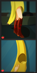 Size: 760x1500 | Tagged: safe, artist:mirtalimeburst, applejack, equestria girls, g4, banana, boots, clothes, comic, costume, food, high heel boots, shoes