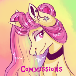Size: 350x350 | Tagged: safe, artist:just-silvushka, oc, oc only, pony, unicorn, abstract background, bust, ear piercing, female, horn, mare, multicolored hair, nose piercing, nose ring, piercing, rainbow hair, smiling, solo, unicorn oc