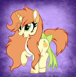 Size: 3868x3912 | Tagged: safe, artist:108-zeroforce, artist:starshade, oc, oc only, oc:orangina, pony, unicorn, 2021, base used, bow, clothes, commission, cute, female, gradient background, green eyes, high res, horn, mare, purple background, simple background, solo, starry eyes, wingding eyes, ych result, yellow body