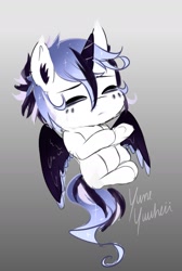 Size: 1227x1823 | Tagged: safe, artist:yumeyuuheii, oc, oc only, oc:beau malheur, alicorn, pony, alicorn oc, baby, baby pony, ear fluff, eyes closed, gradient background, horn, magical lesbian spawn, male, offspring, parent:nightmare moon, parent:rarity, parents:nightrarity, signature, wings