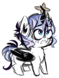 Size: 363x478 | Tagged: safe, artist:yumeyuuheii, oc, oc only, alicorn, butterfly, pony, alicorn oc, colt, horn, looking up, magical lesbian spawn, male, offspring, parent:nightmare moon, parent:rarity, parents:nightrarity, scared, simple background, solo, white background, wings