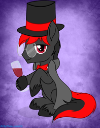 Size: 2690x3410 | Tagged: safe, artist:108-zeroforce, artist:starshade, oc, oc only, oc:lucille, earth pony, pony, g4, 2021, base used, bowtie, cape, clothes, commission, cute, dark body, gradient background, hat, high res, male, purple background, red eyes, simple background, solo, stallion, starry eyes, top hat, unshorn fetlocks, wingding eyes, ych result