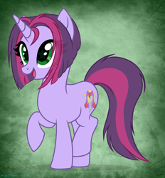 Size: 3368x3624 | Tagged: safe, artist:108-zeroforce, artist:starshade, oc, oc only, oc:twilight garrison, pony, unicorn, 2021, base used, commission, cute, female, gradient background, green background, green eyes, high res, horn, mare, purple body, simple background, solo, starry eyes, wingding eyes, ych result
