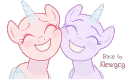 Size: 1024x641 | Tagged: safe, artist:klewgcg, oc, oc only, alicorn, pony, alicorn oc, bald, base, bust, cheek squish, duo, eyelashes, eyes closed, female, grin, horn, mare, smiling, squishy cheeks, wings