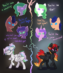 Size: 1200x1401 | Tagged: safe, artist:joan-grace, oc, oc only, pegasus, pony, unicorn, glowing, glowing eyes, horn, offspring, parent:rainbow dash, parent:soarin', parents:soarindash, pegasus oc, raised hoof, split screen, unicorn oc, wings