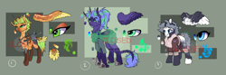 Size: 3000x1000 | Tagged: safe, artist:joan-grace, oc, oc only, alicorn, pony, alicorn oc, clothes, female, frown, horn, male, mare, smiling, stallion, watermark, wings