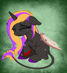 Size: 3267x3535 | Tagged: safe, artist:108-zeroforce, artist:starshade, oc, oc only, oc:lyra, changeling, pony, unicorn, 2021, base used, commission, dark body, female, gradient background, green background, high res, horn, mare, sad, simple background, solo, ych result