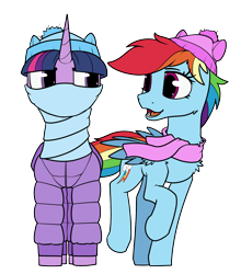 Size: 1400x1588 | Tagged: safe, artist:dacaoo, rainbow dash, twilight sparkle, alicorn, pegasus, pony, g4, bundled up, bundled up for winter, clothes, coat, duo, duo female, female, hat, scarf, simple background, transparent background, twilight sparkle (alicorn), wing sleeves, wings, winter, winter outfit