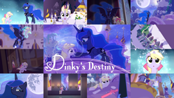 Size: 1280x721 | Tagged: safe, artist:minty root, editor:quoterific, dinky hooves, nightmare moon, princess luna, alicorn, pony, unicorn, dinky's destiny, g4, :o, crown, cute, dinkabetes, female, filly, jewelry, mare, moon, night, open mouth, regalia