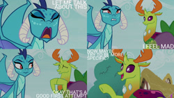 Size: 1280x720 | Tagged: safe, edit, edited screencap, editor:quoterific, screencap, princess ember, thorax, changedling, changeling, dragon, g4, season 7, triple threat, dragoness, duo, eyes closed, female, frown, grin, hooves together, king thorax, male, open mouth, open smile, smiling, talking, teeth