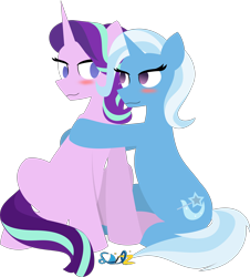 Size: 6576x7261 | Tagged: safe, artist:samsailz, starlight glimmer, trixie, pony, unicorn, g4, absurd resolution, blushing, duo, duo female, female, hug, lesbian, lineless, looking at each other, looking at someone, mare, ship:startrix, shipping, simple background, sitting, smiling, smiling at each other, transparent background