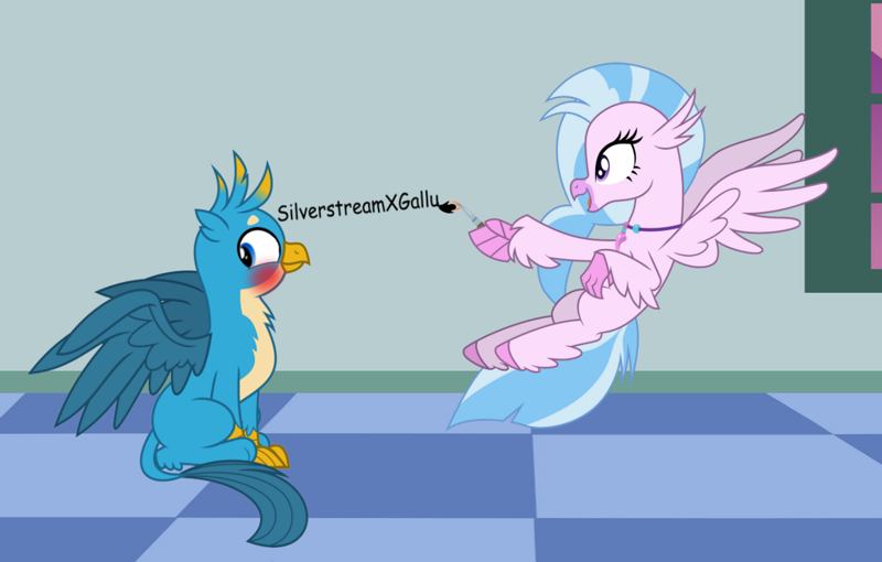 2755808 - source needed, safe, artist:rozyfly10, gallus, silverstream,  griffon, hippogriff, g4, blushing, cute, duo, female, flying, ground,  happy, male, painting, ship:gallstream, shipper on deck, shipping,  straight, text, window, writing - Derpibooru