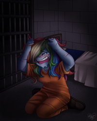 Size: 2000x2500 | Tagged: safe, alternate version, artist:shimmer-shy, rainbow dash, equestria girls, g4, clothes, crying, female, high res, jail, prison, prison outfit, prisoner, prisoner rd, scratches, solo, textless version