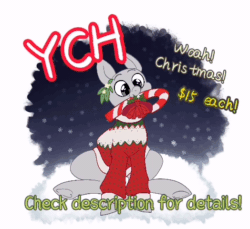 Size: 524x480 | Tagged: safe, artist:xekinise, bat pony, earth pony, pegasus, pony, unicorn, animated, candy, candy cane, christmas, clothes, commission, female, food, holiday, male, mistletoe, sitting, solo, sweater, your character here