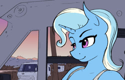 Size: 1280x820 | Tagged: safe, artist:apocheck13, trixie, unicorn, anthro, g4, car, clothes, eyelashes, female, gmc motorhome, horn, looking forward, mountain, rv, shirt, smiling, solo, sunset, vixen 21 motorhome, wip