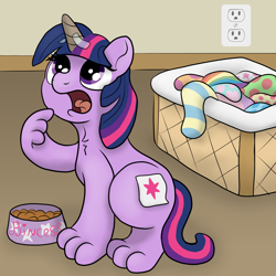 Size: 1962x1962 | Tagged: safe, artist:doodledonutart, twilight sparkle, cat, g4, basket, catified, clothes, fake cutie mark, fake horn, open mouth, pet bowl, simon's cat, socks, solo, species swap, striped socks, twilight cat