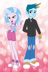 Size: 2602x3890 | Tagged: artist needed, safe, artist:lhenao, gallus, silverstream, equestria girls, g4, duo, equestria girls-ified, female, grin, hand in pocket, hand on hip, heart, heart background, high res, male, open mouth, open smile, ship:gallstream, shipping, show accurate, smiling, straight, vector